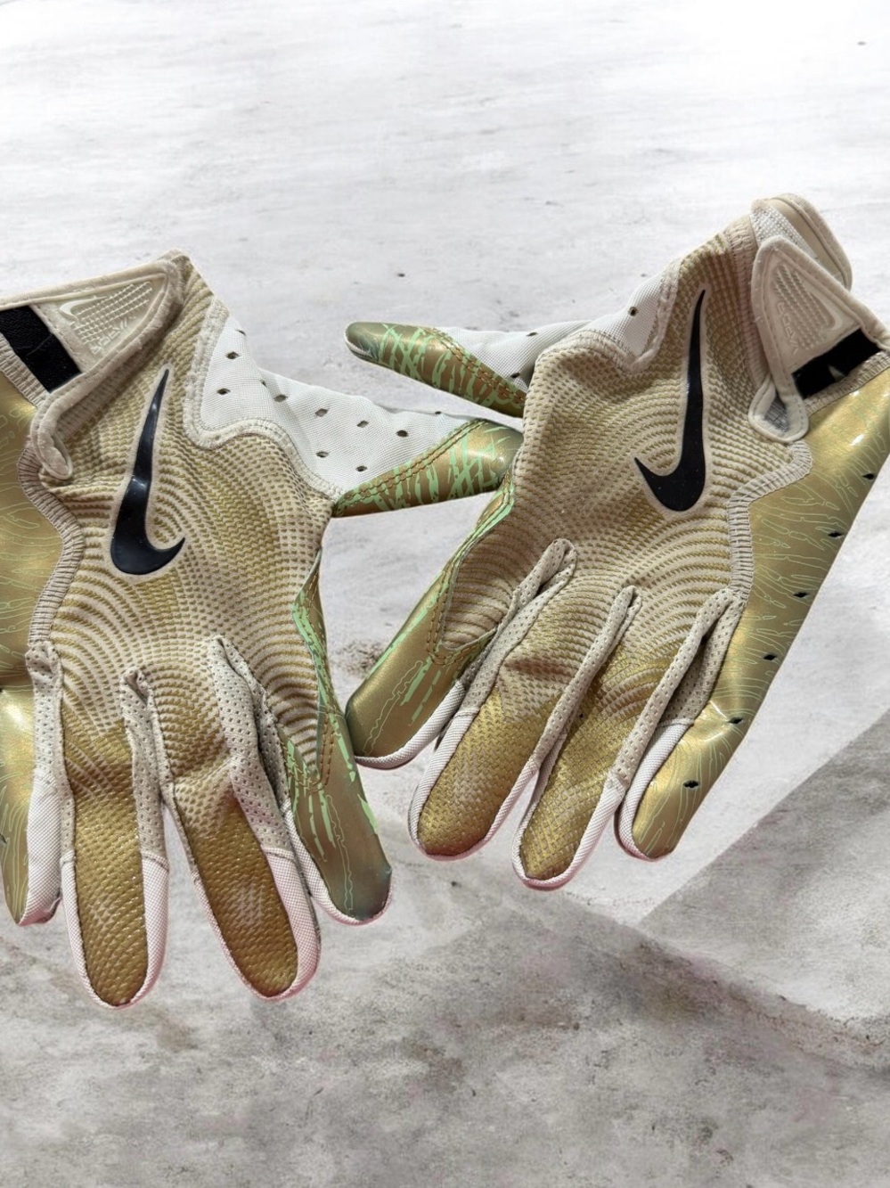 Nike Men’s Gold and Black Football Gloves with Green Accents
